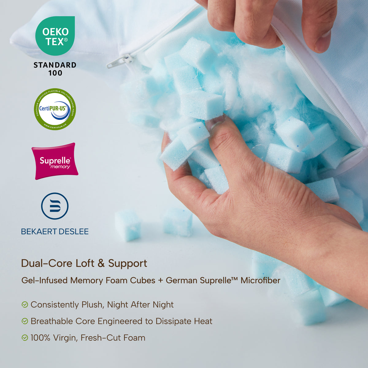 Certification for OEKO-TEX Standard 100, CertiPUR-US, Suprello Memory, and BEKAERT DESLEE.