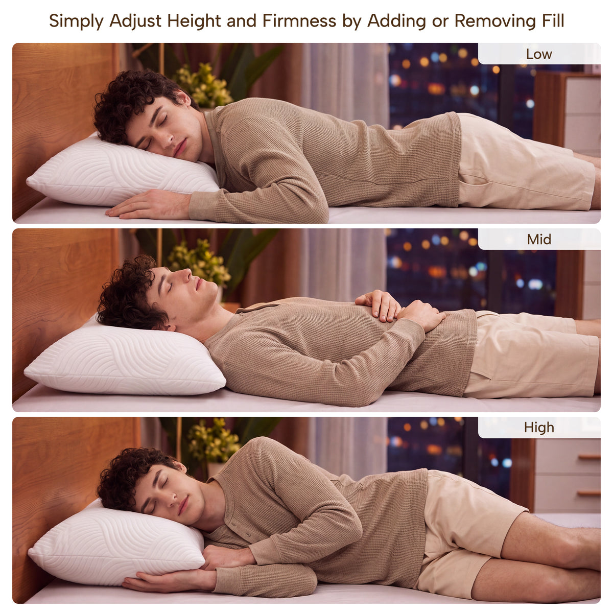Luna pillow is simply adjust height and firmness by adding or remving fill